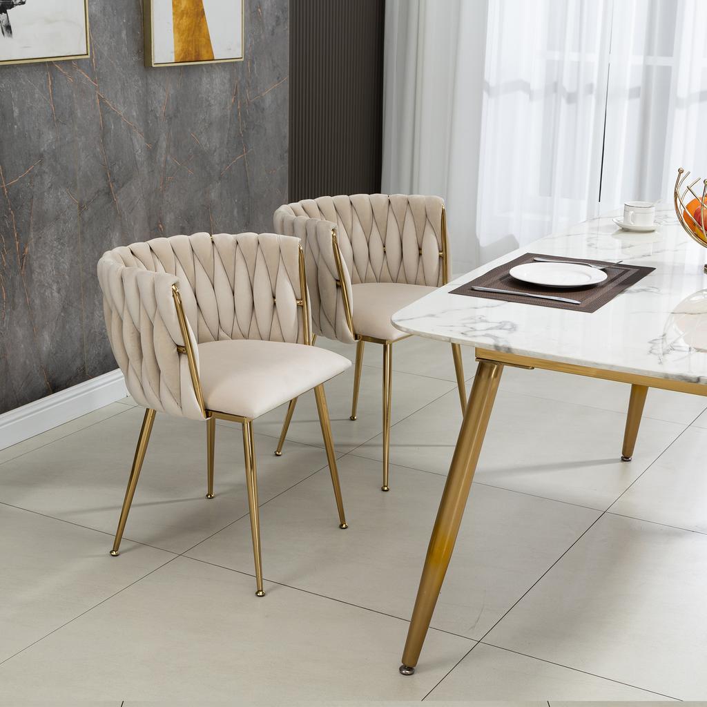 (Old SKU:W1880109477)Modern Luxurious Velvet Dining Chair Set with Golden Metal Legs, Elegant Hand-Woven Design and Soft Cushions
