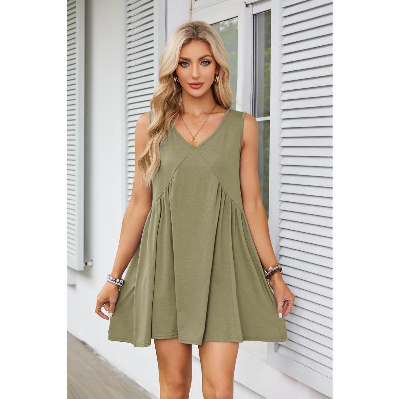 Fashion V-neck Sleeveless Summer Dress Women Loose Pleated Casual Party Short Dress Office Lady Solid Vintage Elegant Sexy Dresses 1043