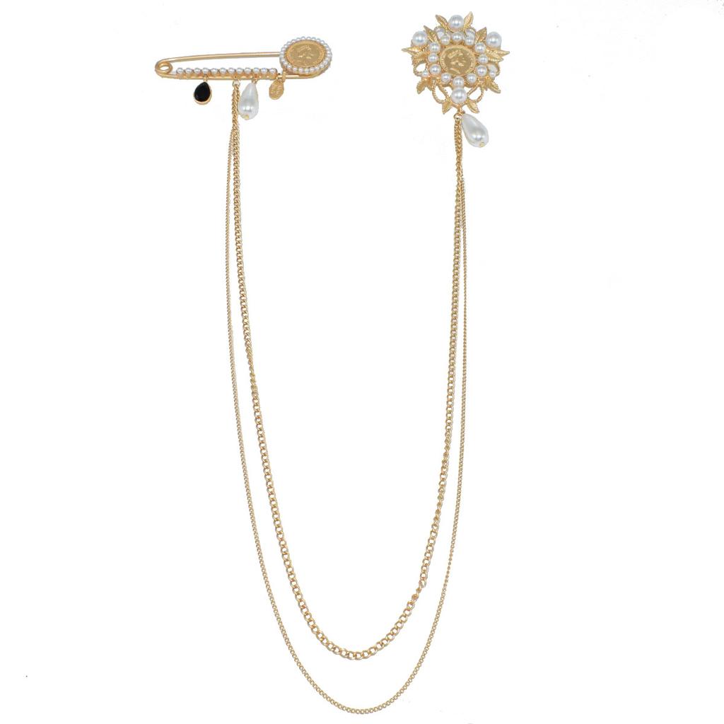 Women Men Baroque Classic Long Chains Brooch Jewelry Gold Color Metal Vintage Palace Sun Pearl Pins Jewelry For Lady Gift