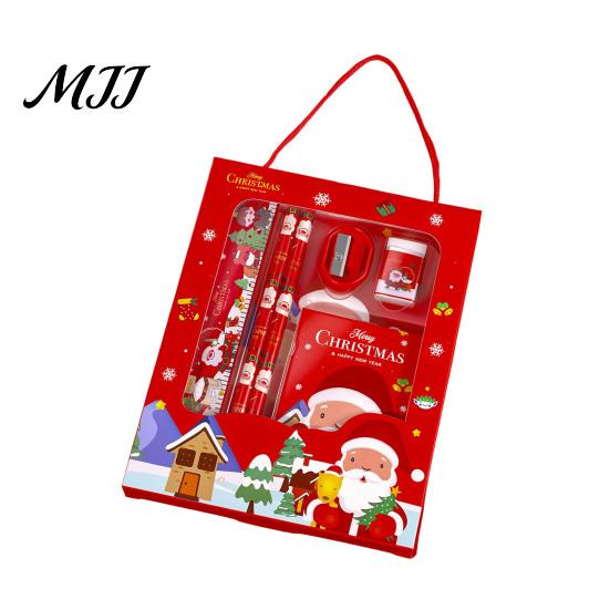 Cute Stationery for School 6PCS Christmas Set, Include Pencils Ruler Sharpener Eraser Pencil Case Gift Sets And Notepad, Cartoon Patterns Print