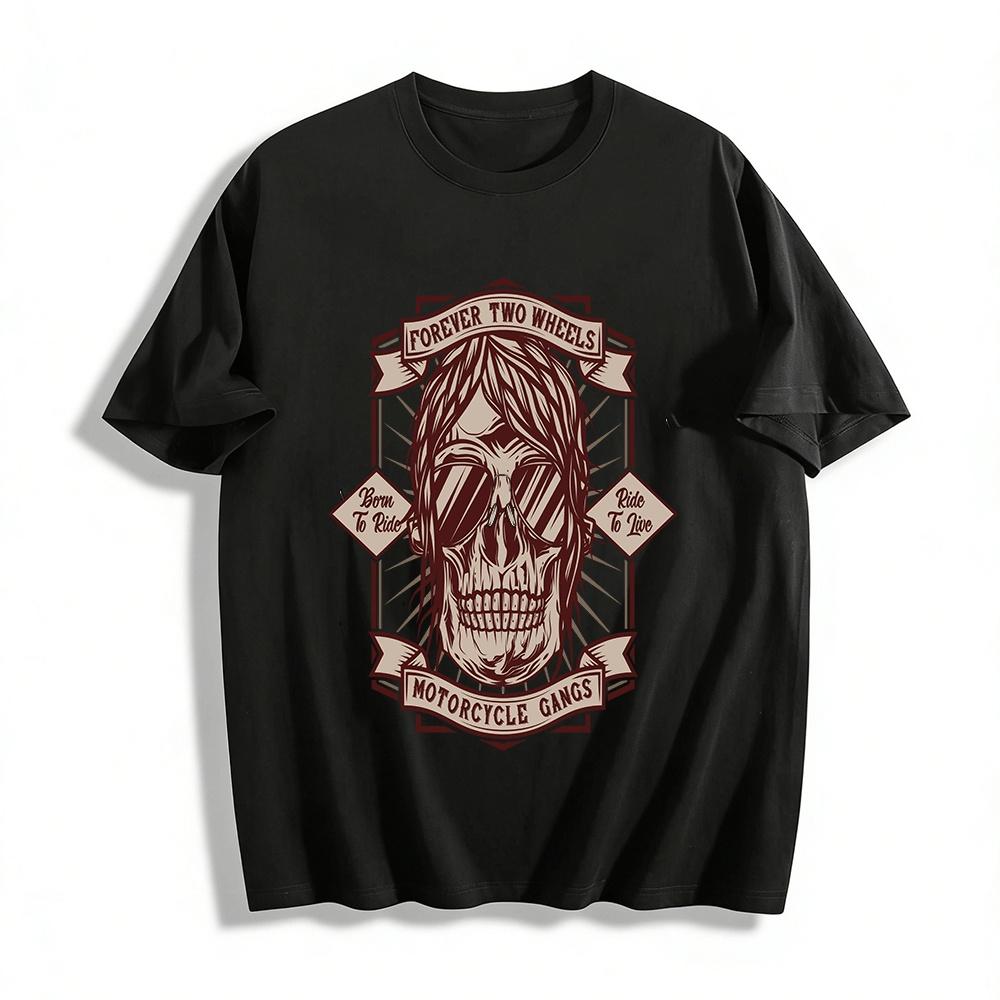

Forever Two Wheels Biker Skull Graphic Tee Motorcycle Gang Retro Top Pure cotton T-shirt 6XL