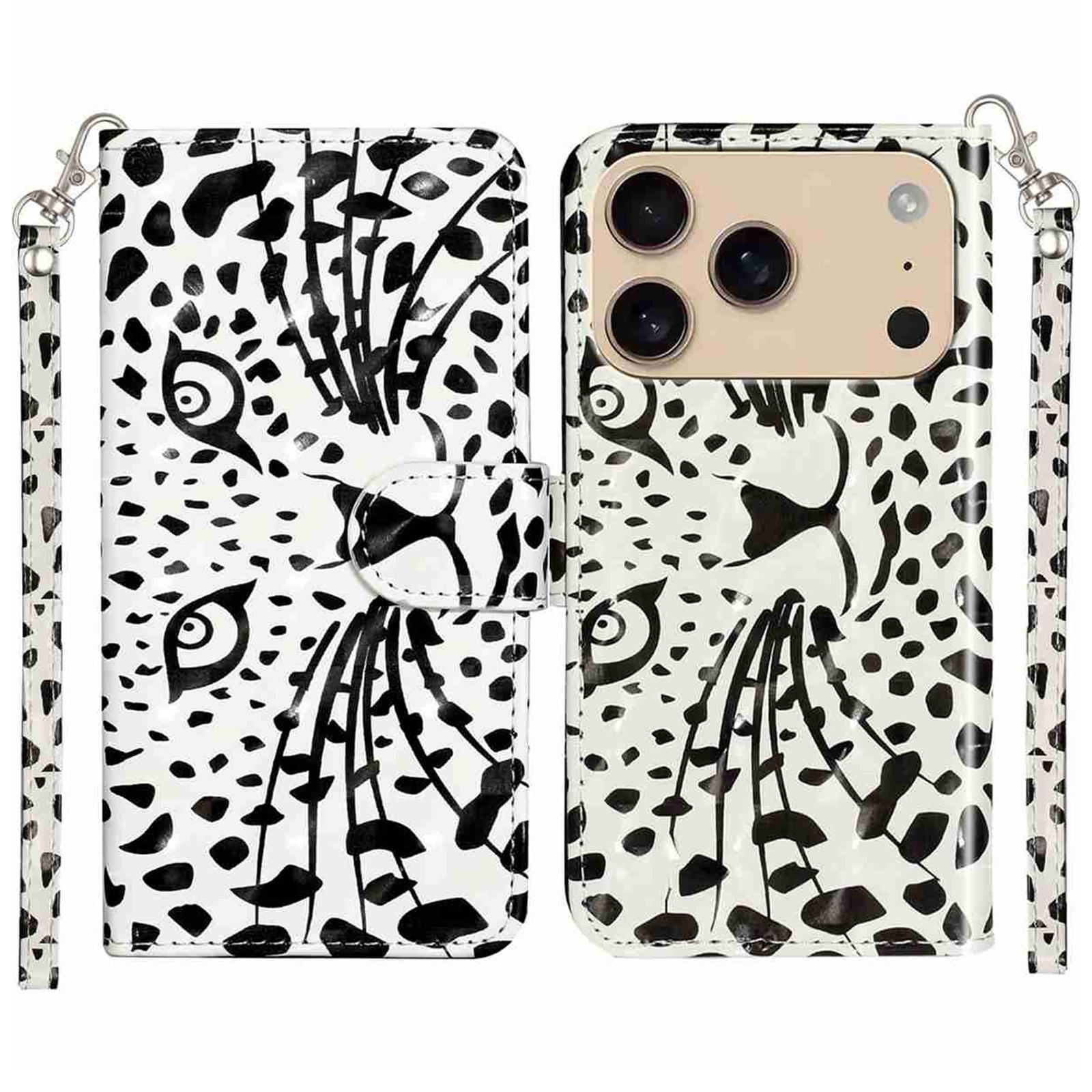 

For iPhone 17 Pro Max Wallet Case 3D Pattern Printed Leather Phone Cover with Strap Leopard Head