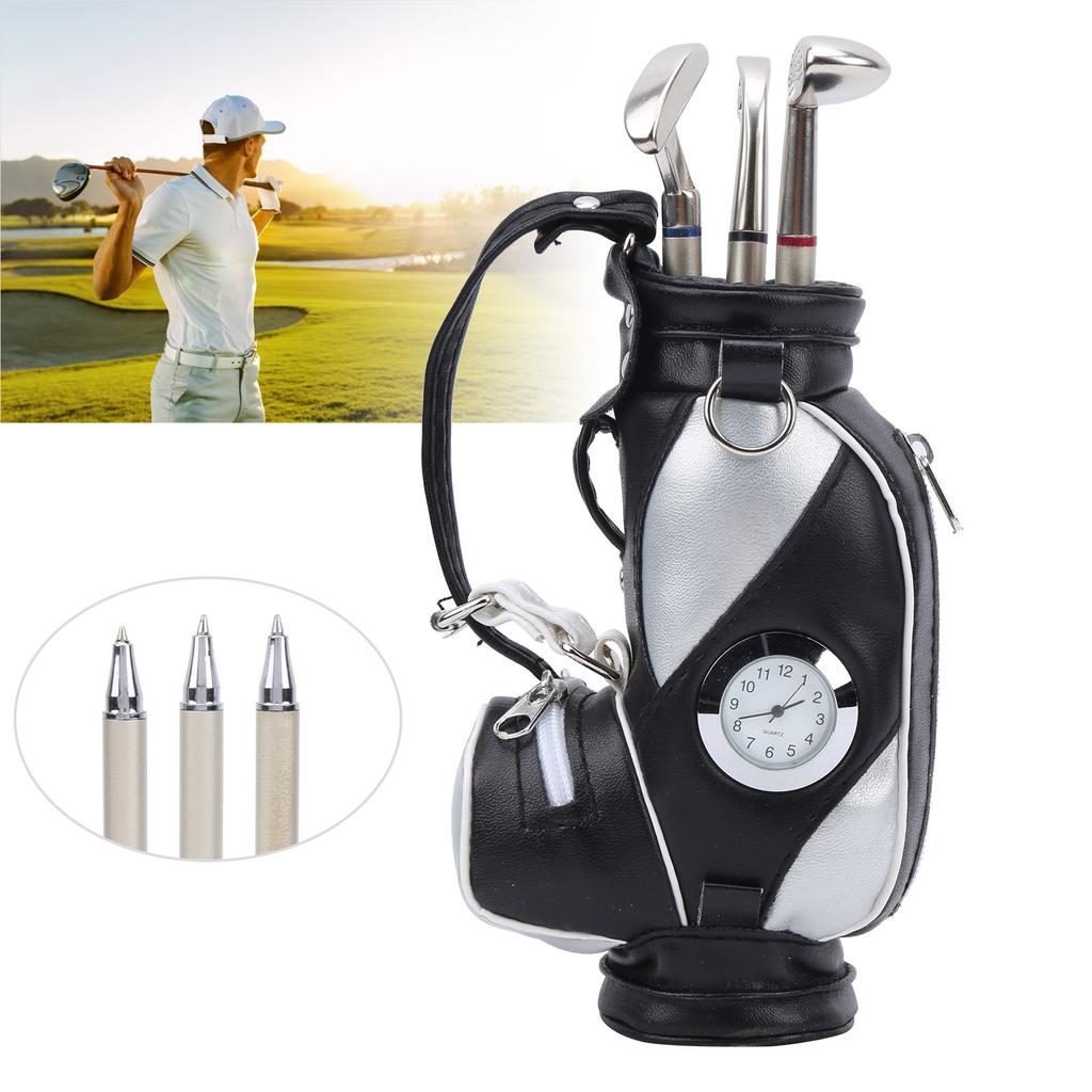 Mini Desktop  Golf Bag Pen Clock  Zinc Alloy PU Leather with Golf Pens Souvenir Set GiftBlack