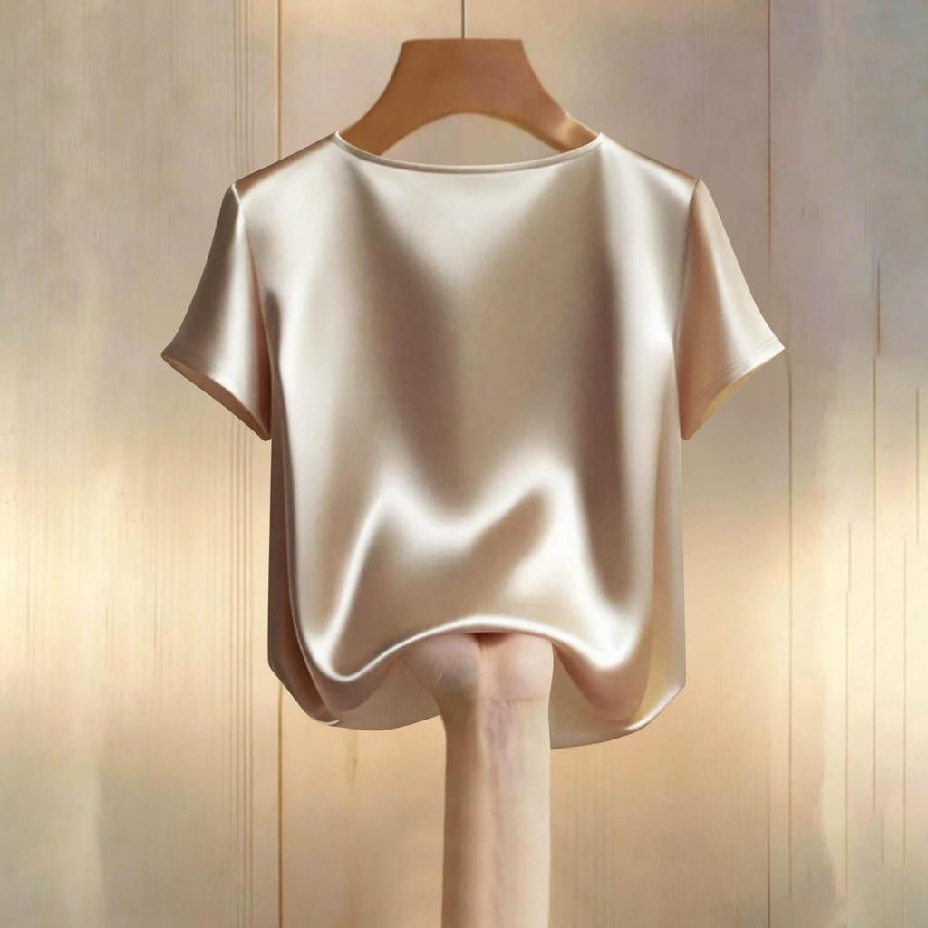 Women's Short-sleeved Satin  Color Top, Elegant Summer V-neck Pearl Button Blouse, Casual Formal Top,