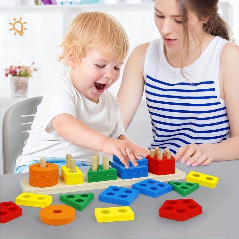 1SET Children's Recycled Wooden Stacked Toys - Educational Color and Shape Classification Puzzles To Develop Fine Motor Skills