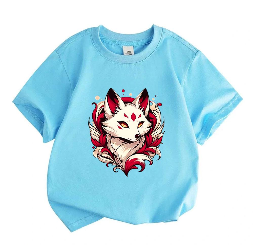 Kids Boys Girls Crew Neck Short Sleeve 100% Cotton T-Shirt, Cute White Mystical Nine Tailed Fox Print Casual Comfortable Tee for Daily Summer Wear