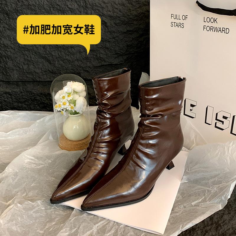 

Fat mm High Heel Pointed Skinny Boots Thick Legs Big Tube Pile Boots Small Naked Boots Large Size Women s Shoes 35