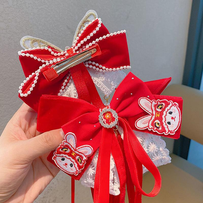 New Year Cute Pompom Kids Hair Clips Winter Plush Hairpins Braid Accessory Red Bow Princess Girl Headwear New Year Gift For Kids