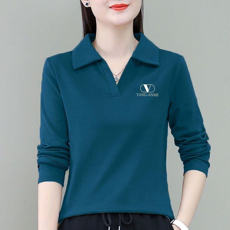 

Solid Color Lapel T-shirt Women s Inner Wear Spring Autumn New Year Polo Collar Mother s Long-sleeved Base Shirt Top L