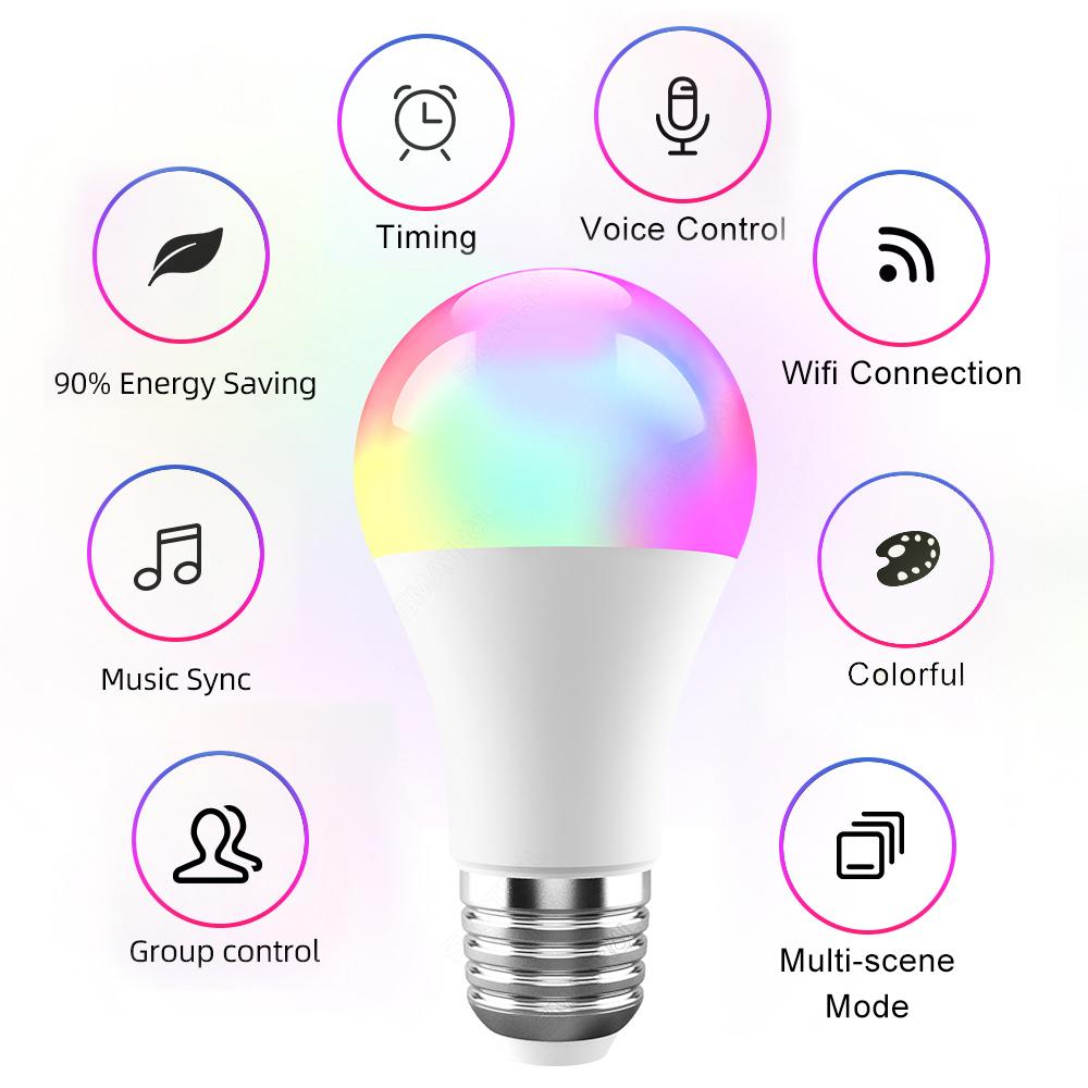 

Умная лампочка E27 15 Вт Wifi RGB Светодиодная лампочка Диммируемая Светодиодная лампочка Умная лампа с дистанционным управлением Лампочки для Amazon Alexa Google Home 9W разноцветный