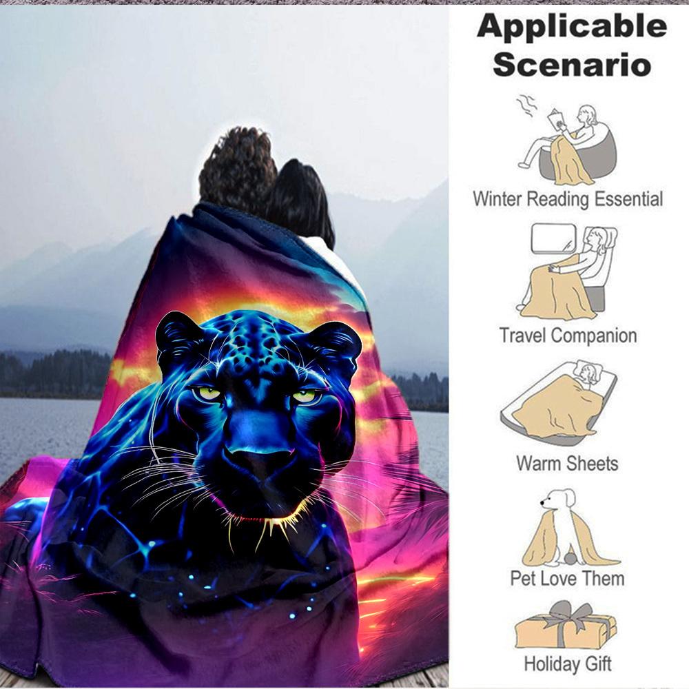 1pc Neon Panther Print Blanket Lightweight Flannel Blanket Throw Blanket For Sofa, Bed, Travel, Camping, Livingroom, Office Yy251015197