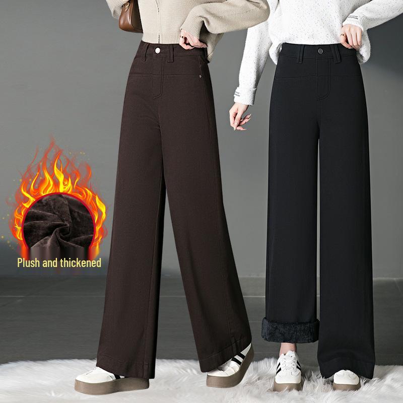 

2071 Plus Velvet Wide-Leg High-Waisted Denim Pants for Women - Winter Slimming, Petite, Versatile, Loose-fit 4XL кофейный