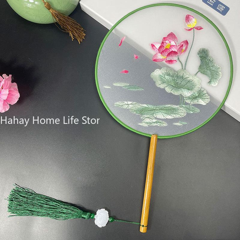 Fashion Chinese Style Wooden Handle Fan Embroidery Flower Girl Gift Portable Home Decor Hand Fans Crafts Dance Fan