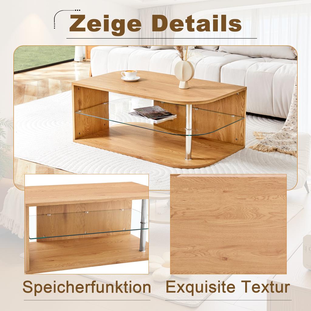 Modern Coffee Table with Storage, Natural Wood and Glass Shelf, Minimalist Living Room Table for Home Office, Apartment and Small Spaces (100x60x42cm)