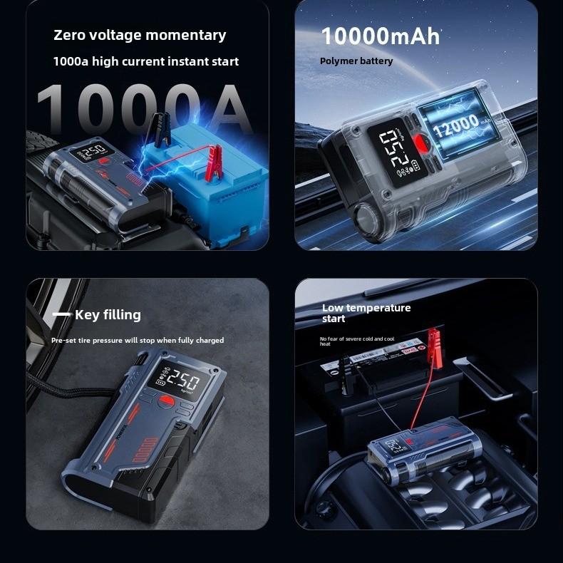 Portable Car Air Compressor Pump Jump Starter 12V 120W Digital Tire Inflator with Emergency Power Bank, Battery Booster and LED Light