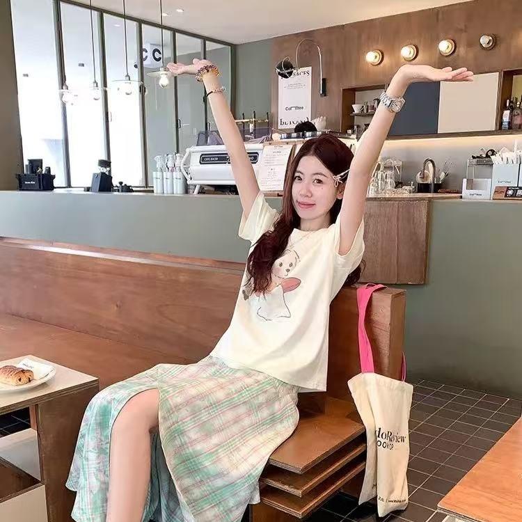 Korea Dongdaemun White Short Sleeve Women's T-Shirt Summer Crew Neck Letter Printed Top Loose Versatile Front Shoulder T-Shirt