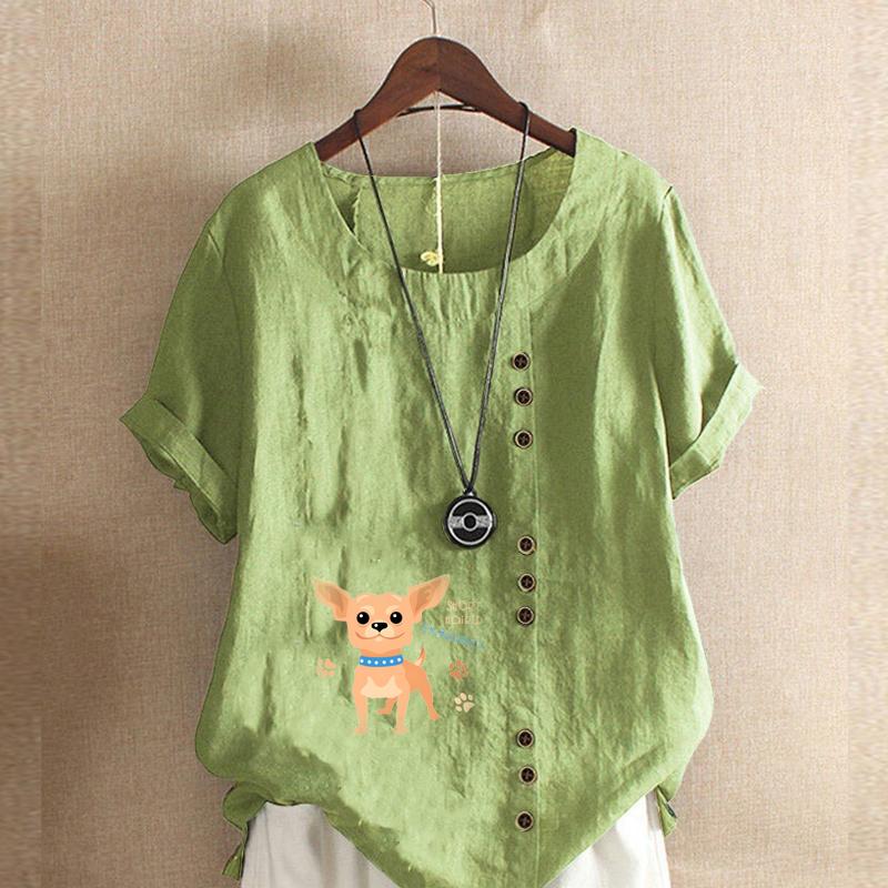 

Женская модная футболка с круглым вырезом и коротким рукавом, повседневная хлопковая льняная рубашка с рисунком, свободная летняя блузка с принтом для отдыха с милой собакой, топы 5XL зелёный
