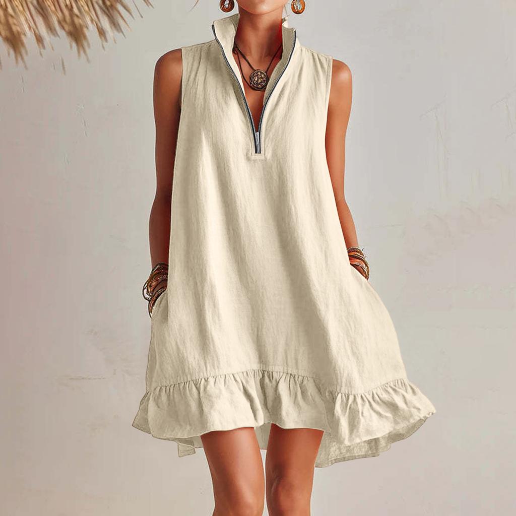 Women's Sleeveless V Neck Zip Front Summer Dress Loose Fit Ruffle Hem Casual Lightweight Linen Mini Dress