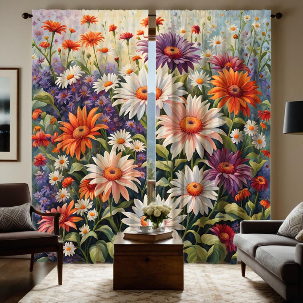2pcs HD Daisies fresh flowers decorative curtain Color system digital printed curtain Home decoration style decoration living