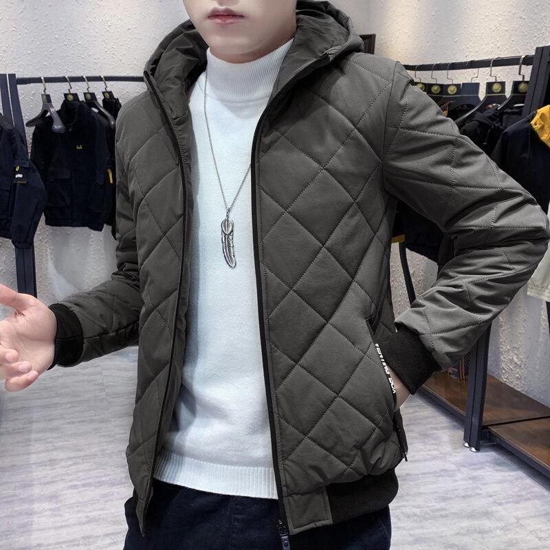 Men's Winter Hooded Warm Jacket Lined Cotton Warm Jacket Diamond Plaid Outdoor Casual Jacket