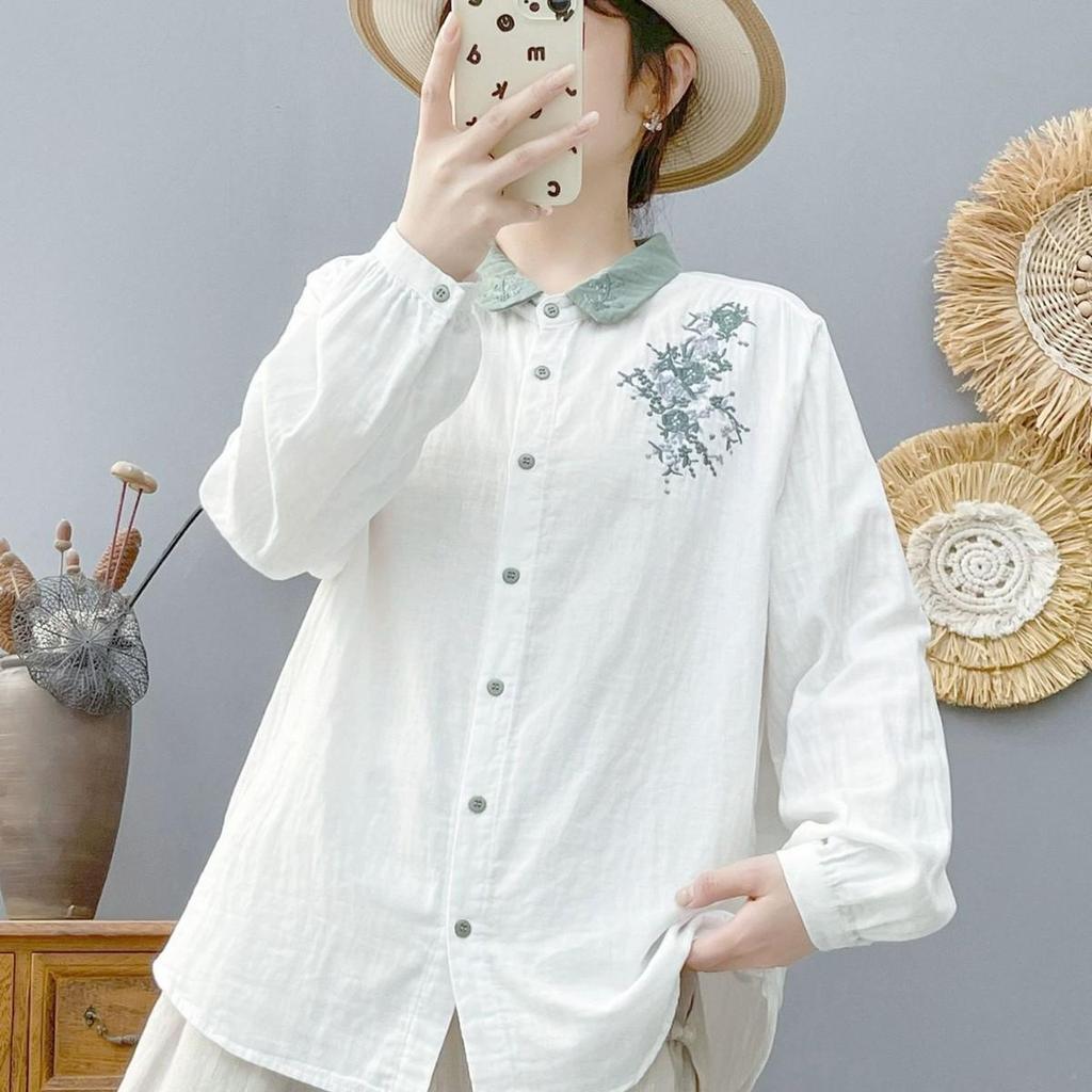 Retro Artistic Embroidered Collar Double Layer Cotton Long Sleeve Women's Shirt