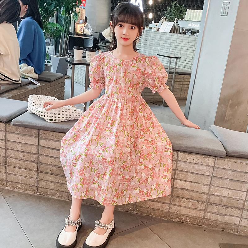 Girls' Summer Dress Cotton Dress Floral Puff Sleeve French Forest Oil Painting Style Sweet Cotton Dress
