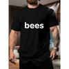 European Size White Short Sleeve T-Shirt for Men, Simple Bee English Print Pattern, Casual Daily Wear and Fitness Outfit