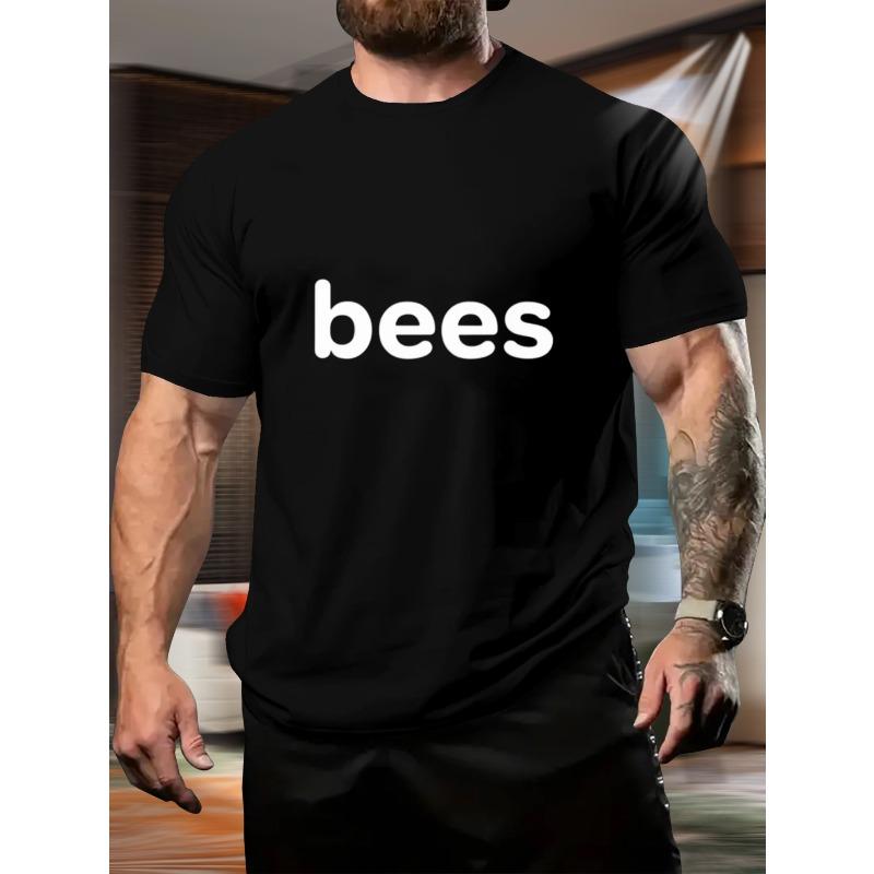 

European Size White Short Sleeve T-Shirt for Men, Simple Bee English Print Pattern, Casual Daily Wear and Fitness Outfit 4XL чорний