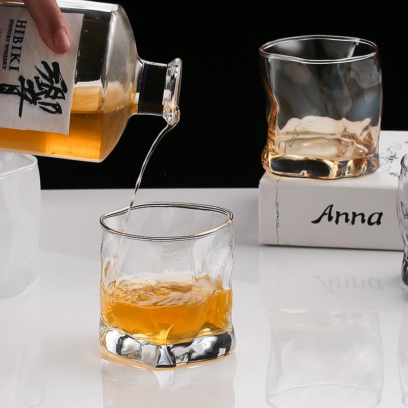 280ml Glass Irregular Cups Creative Twisted Grain Cup Abnormal Shape Frosted Transparent Golden Edge Whiskey Glass Wine Glasses
