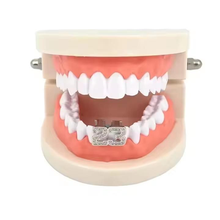 Unique Number 23 Shape Brass Two Tooth Grills Iced Zircon Gold Plated Body Jewelry for Engagement or Anniversary