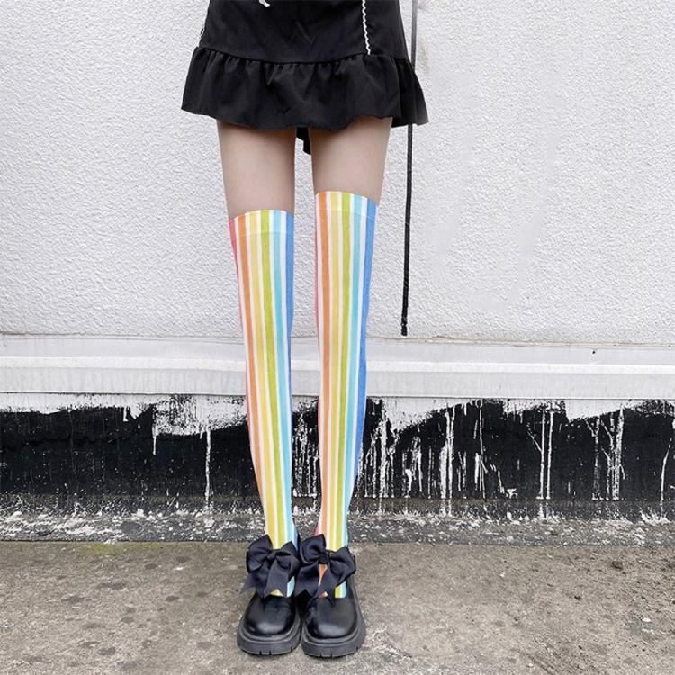 Damen Japanische Stile Anime Oberschenkelhohe Strümpfe Regenbogen Mehrfarbig Gestreiftes Muster Seide Über dem Knie Lange Socken Strumpfwaren