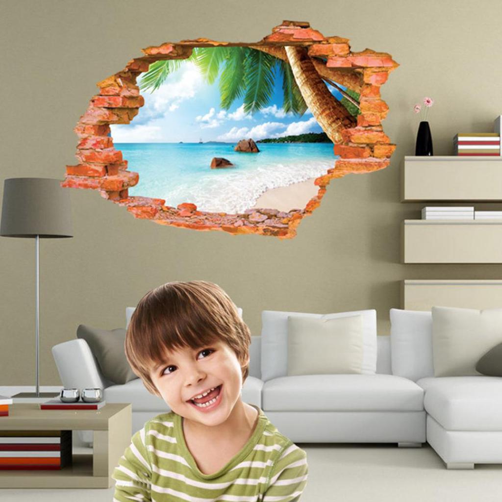 3D Beach Background Creative Removable Wall Sticker Living Room Decoration CDN