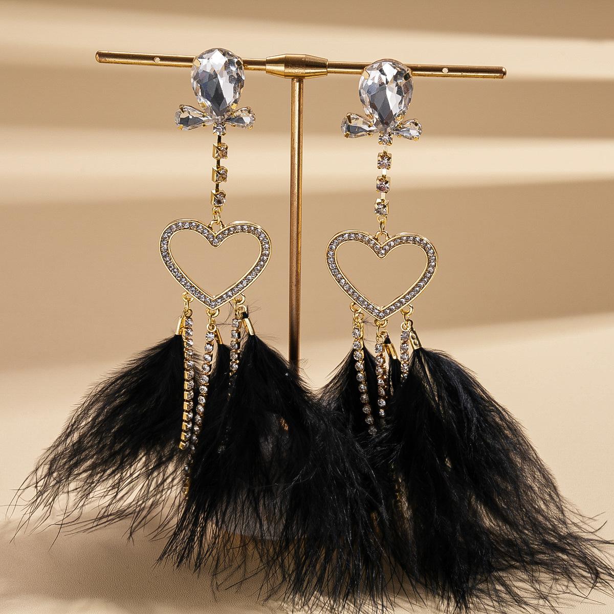 

Personalized diamond-set love feather fringed silver needle earrings fashionable light luxury earrings