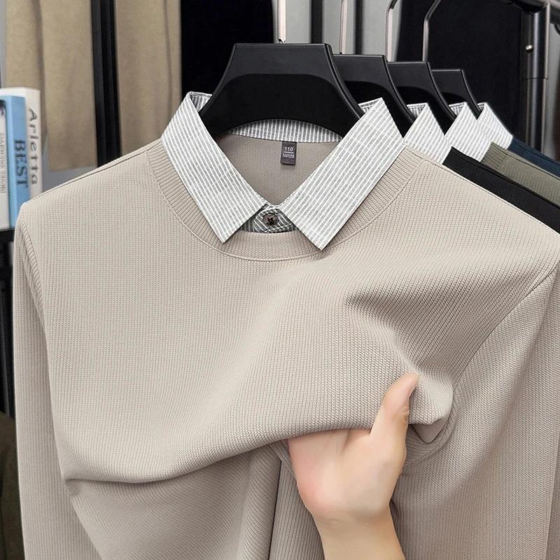 2026 New Men's Fake Two Piece Polo Shirt Casual Fashion Long Sleeve Collar T-shirt Versatile Top
