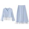 New Large-sized Women's Clothing for Spring and Autumn, Color-blocking Fake Two-piece Top, A-line Skirt and Two-piece Set