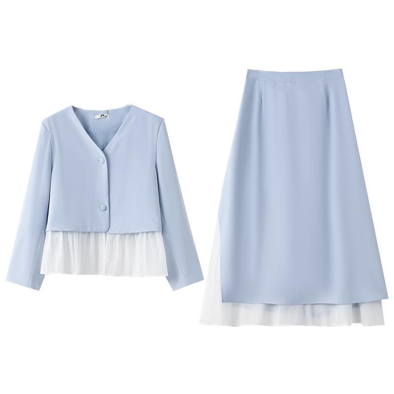 New Large-sized Women's Clothing for Spring and Autumn, Color-blocking Fake Two-piece Top, A-line Skirt and Two-piece Set
