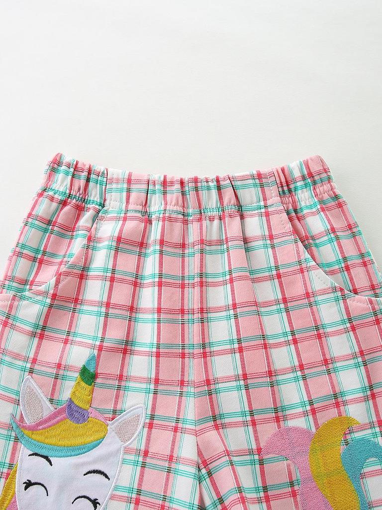 European Unicorn Print Girls' T-shirt & Plaid Shorts Set - Knitted Cotton