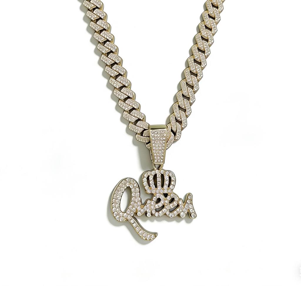 Queen Crown Hip Hop Zinc Alloy Full Diamond Pendant Necklace