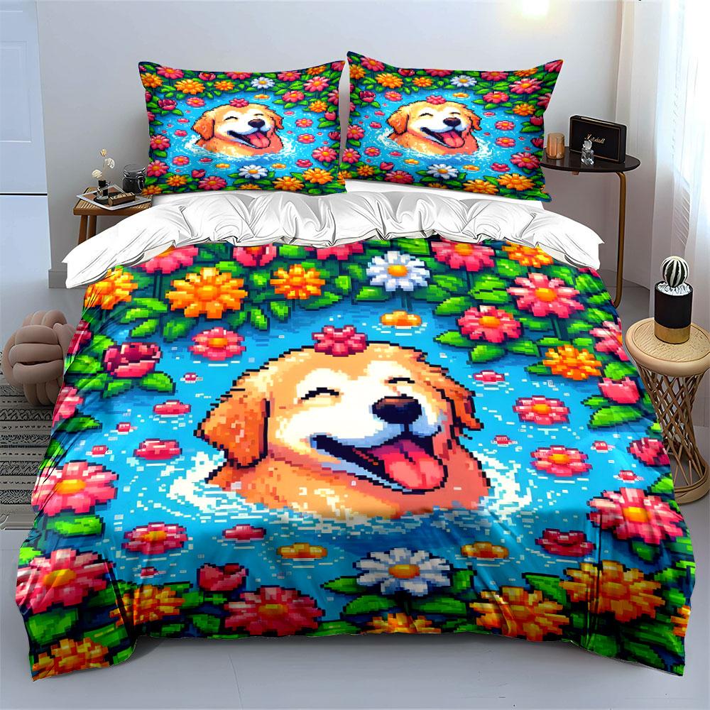 Pixel Golden Retriever Flower Pool Duvet Cover Set, Retro Game Kids Bedding Includes 1 Duvet Cover And 2 Pillowcase, Gift