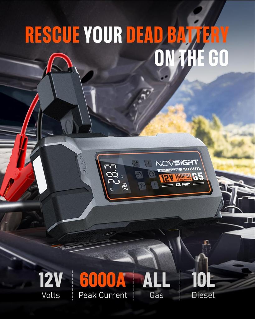 6000A 13-in-1 Portable Jump Starter with Air Compressor, 12V Power Pack for Gas/Diesel Cars, 150PSI Tire Inflator