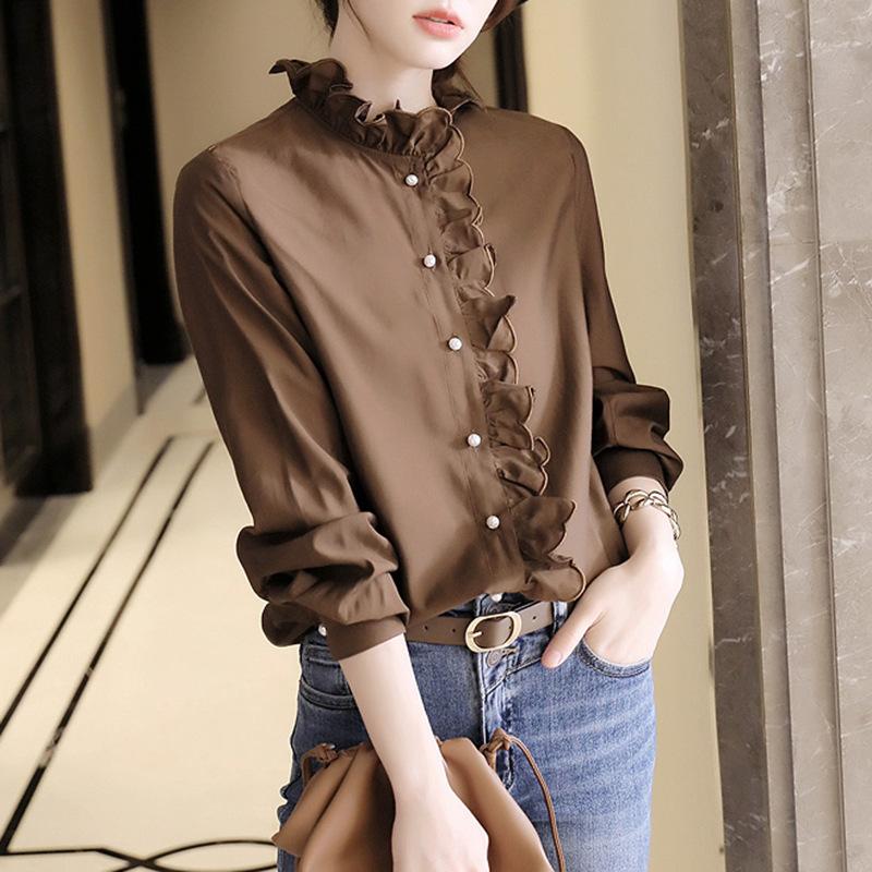 White Shirt Women's Early Spring New Design Sense Niche Stand-up Collar Fungus Edge Retro Shirt