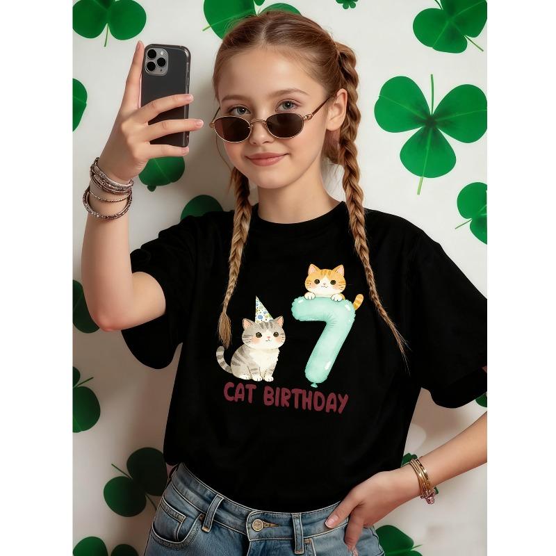 Girls Cat Birthday Cute Floral Print Crewneck T-Shirt, Spring Summer Versatile Kids Tee