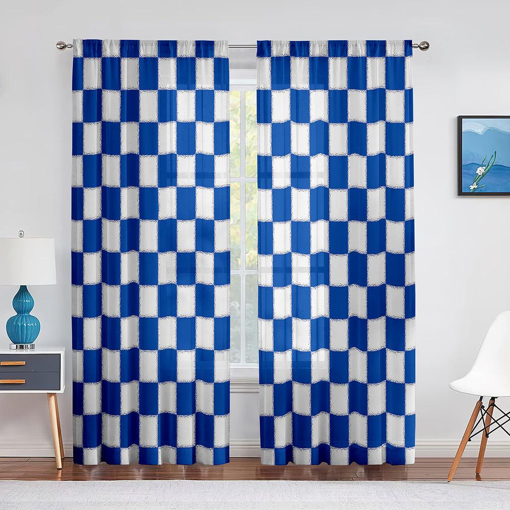 Black and White Groovy Checkerboard Sheer Voile Curtain Abstract Psychedelic Window Tulle Curtains for Living Room Bedroom Decor