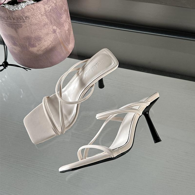 Fashion SUOJIALUN 2024 Summer New Brand Women Slipper Fashion Narrow Band Ladies Elegant Sandal Shoes Thin High Heel Dress Slides Pumps