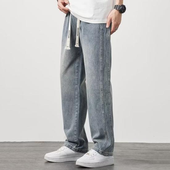 Calça jeans masculina de verão, cintura elástica, cordão ajustável, calça jeans com bolsos, cor sólida, perna larga, calça casual
