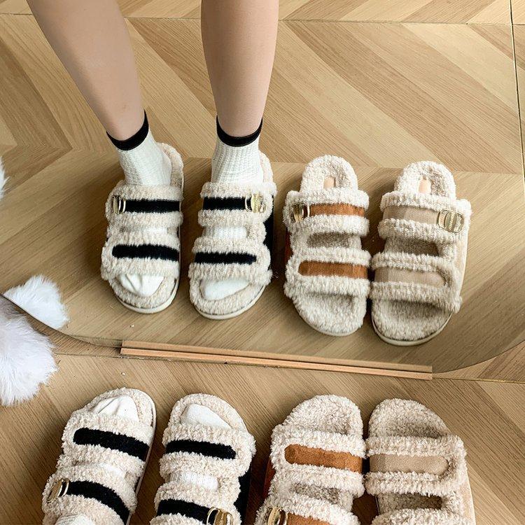 Ruth with INS thick bottom legs long hair slippers women wear autumn and winter versatile Internet celebrity one-word drag tide