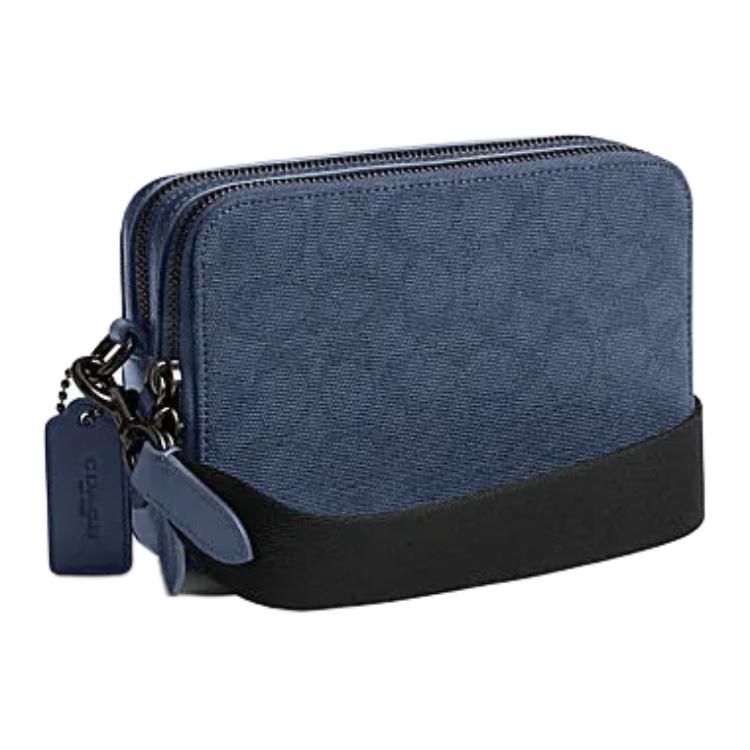 Coach Charter 19 Classic Monogram Double Zipper Closure Fabric And Leather Shoulder Crossbody Bag Small Men Bags Washed-Blue CU206-D61