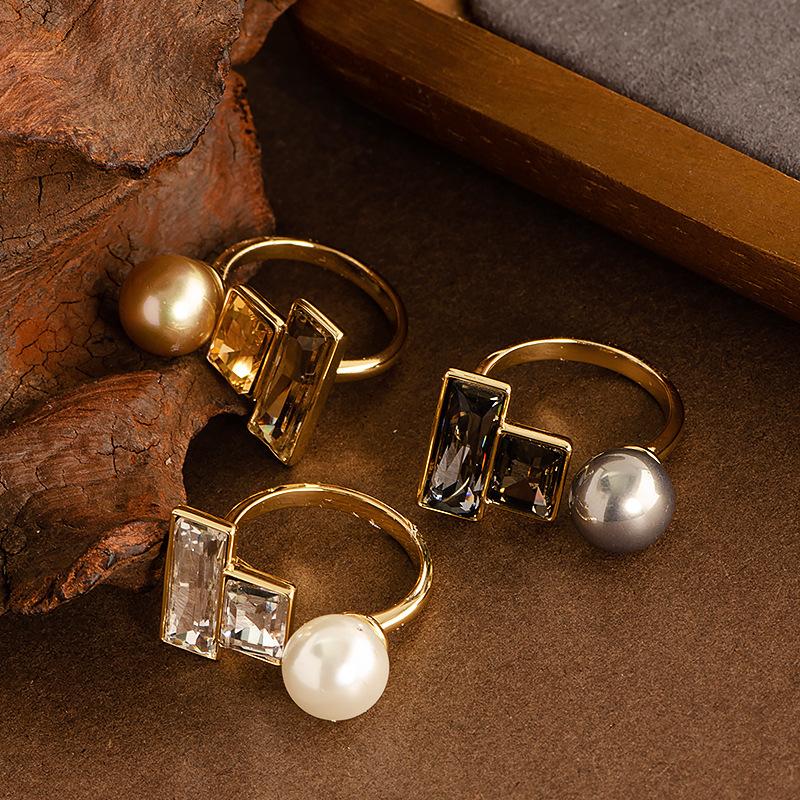 Square pearl open ring niche design light luxury personalized index finger ring simple and versatile exquisite ring women