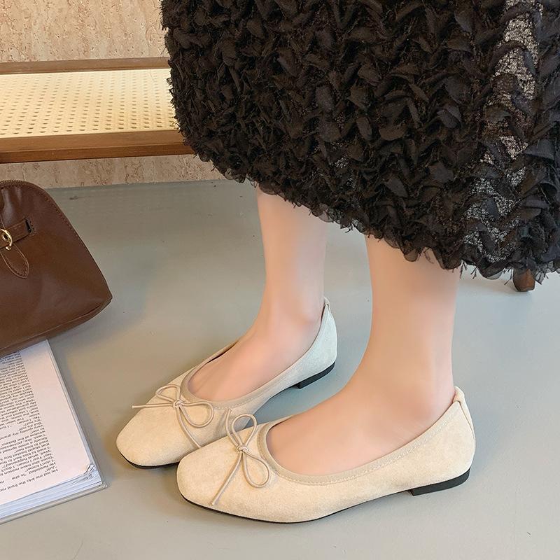 2025 retro small single shoes round head shallow mouth bow flat heel suede fashion shoes inner bow soft sole grandma shoes