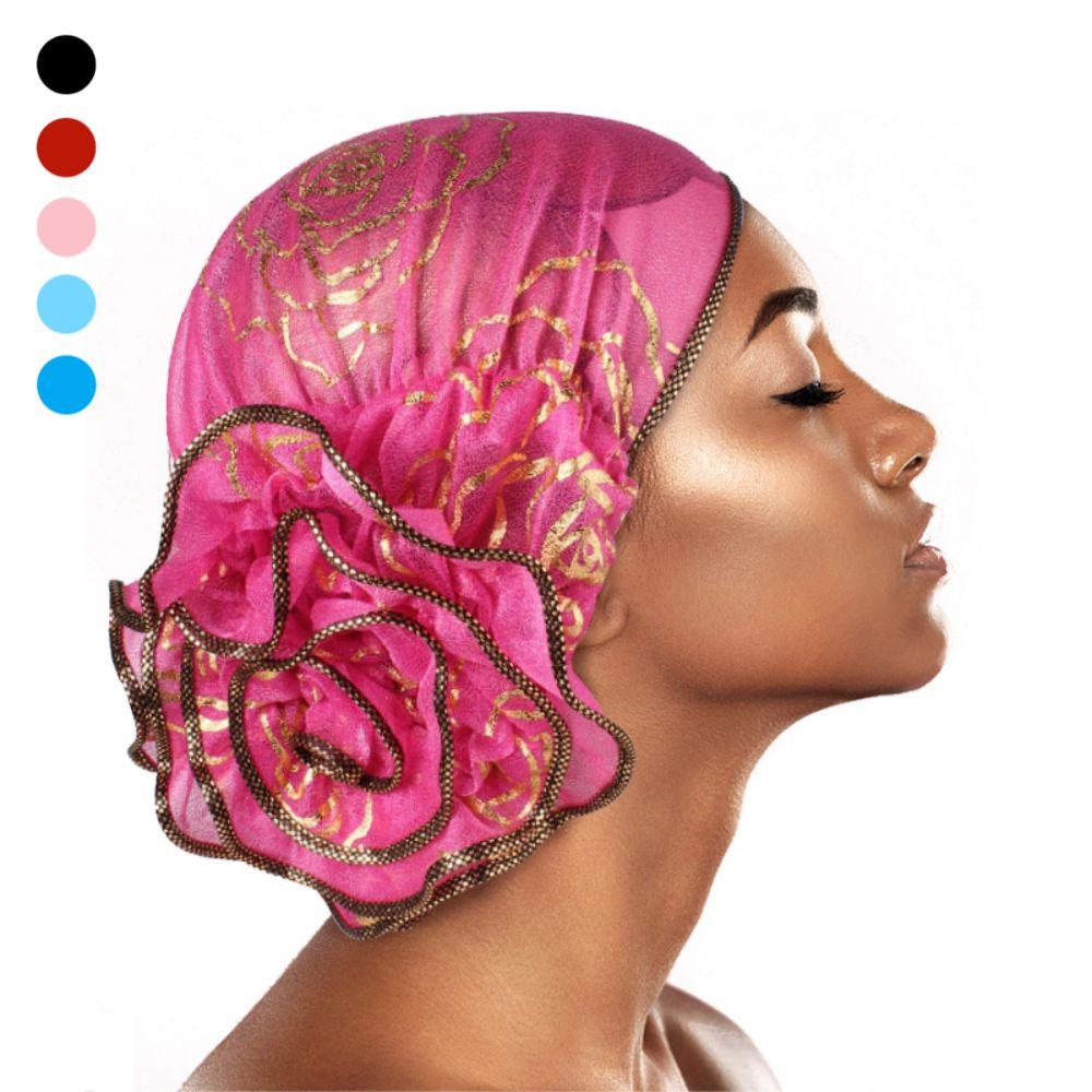 Bronzing Flower Women's Hat Elastic Casual Hair Bonnets African Turban Caps  Four Seasons
